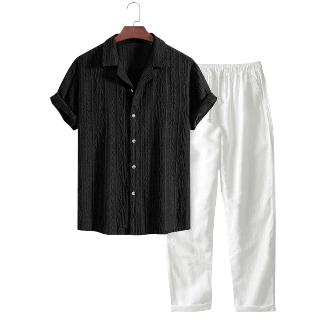 Joel | Ensemble Chemise Jacquard Géométrique et Pantalon en Lin Décontracté