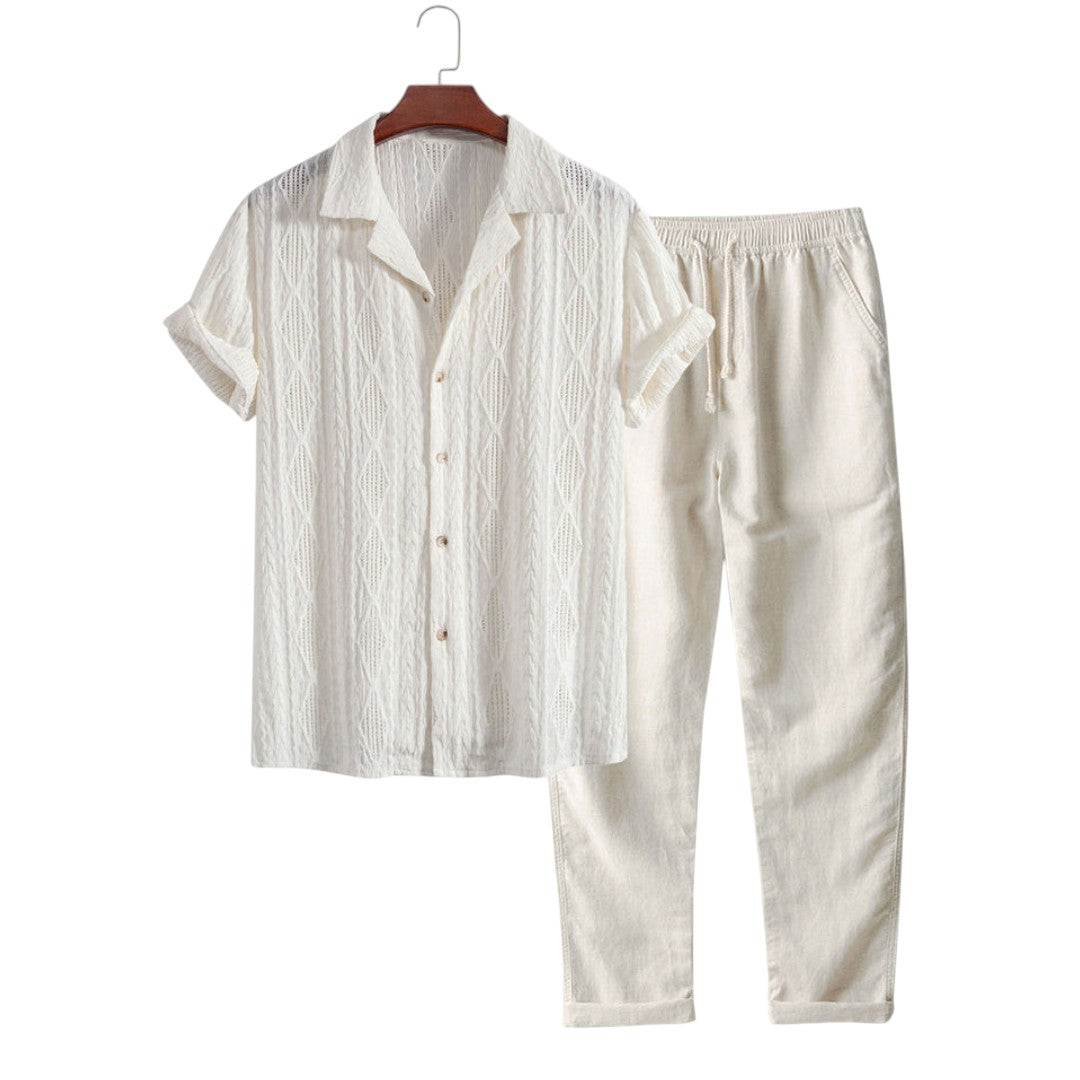Joel | Ensemble Chemise Jacquard Géométrique et Pantalon en Lin Décontracté