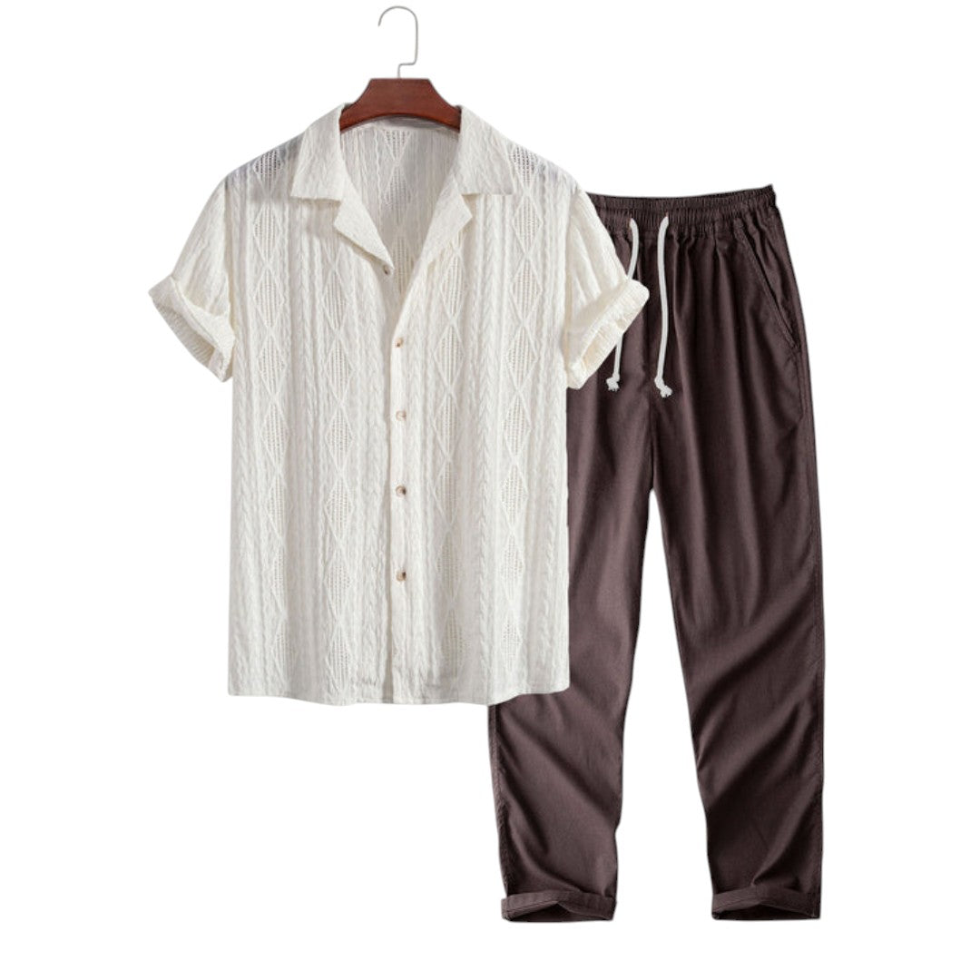 Joel | Ensemble Chemise Jacquard Géométrique et Pantalon en Lin Décontracté