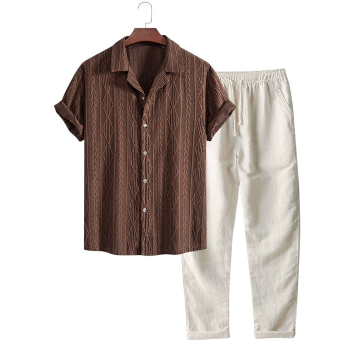 Joel | Ensemble Chemise Jacquard Géométrique et Pantalon en Lin Décontracté
