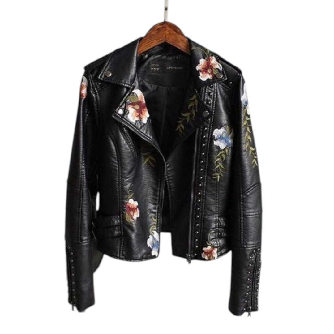 Noémie | Veste biker brodée en similicuir