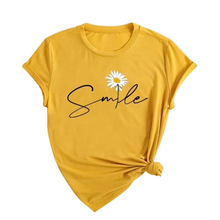 Ella | T-shirt graphique avec marguerite et script sourire