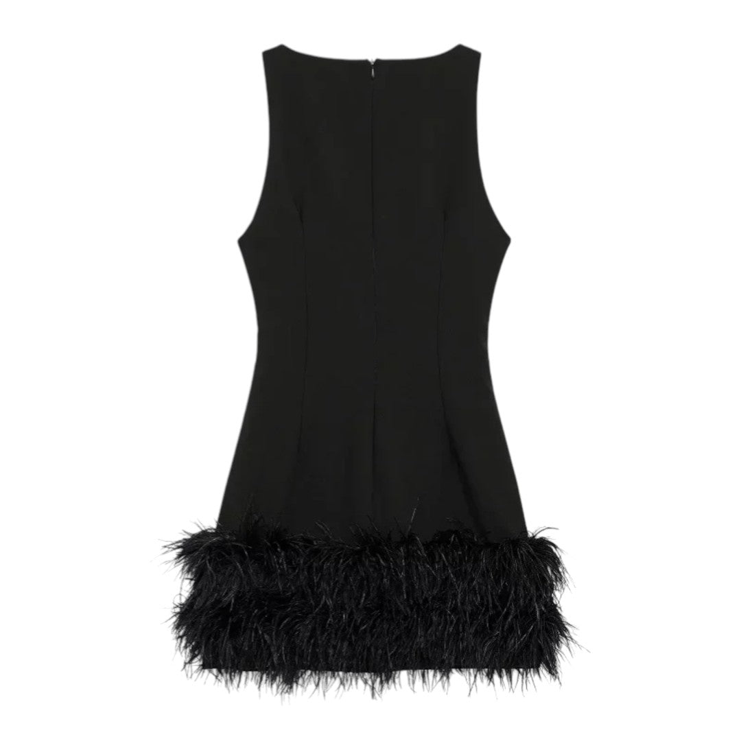 Élise | Robe Noire Sans Manches avec Détail Plumes