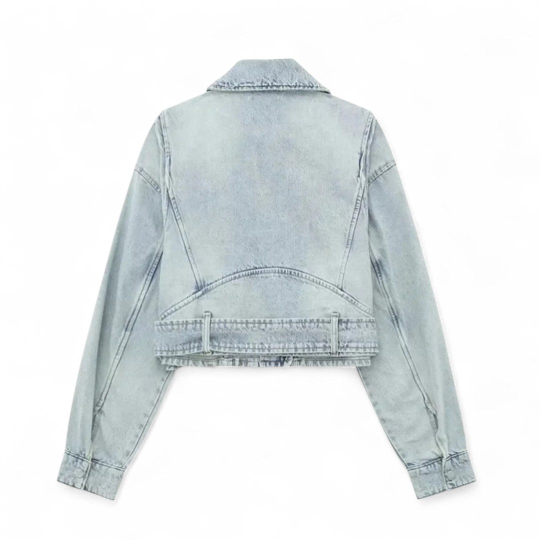 Léonie | Veste Biker Courte en Jean Délavé