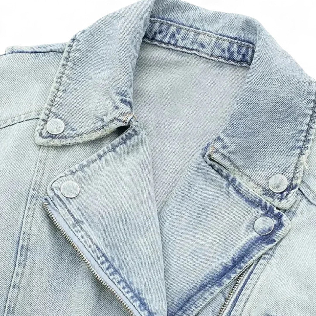 Léonie | Veste Biker Courte en Jean Délavé