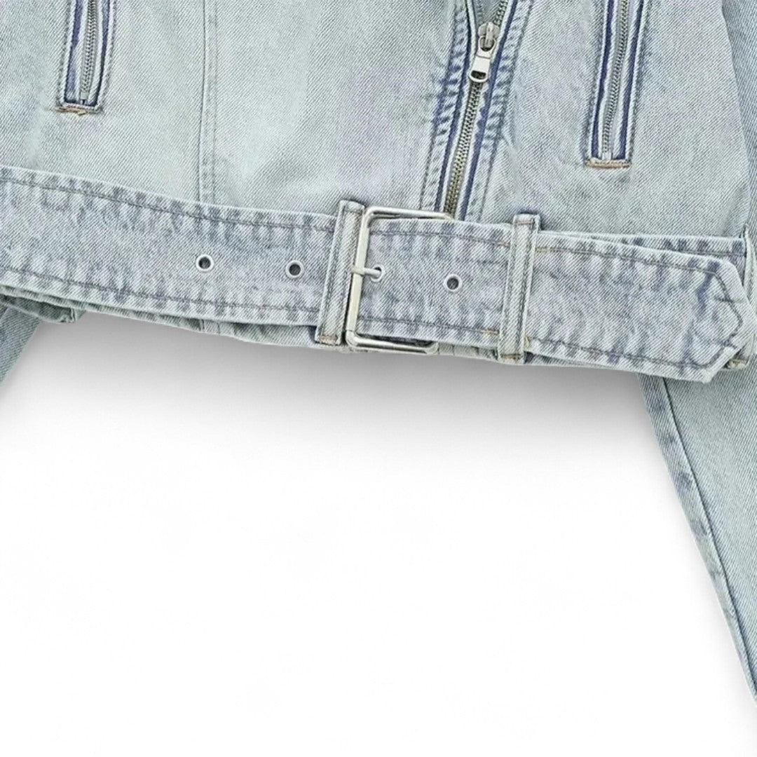 Léonie | Veste Biker Courte en Jean Délavé