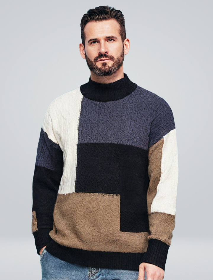 Spencer | Pull-over en tricot patchwork avec col haut et détail artistique