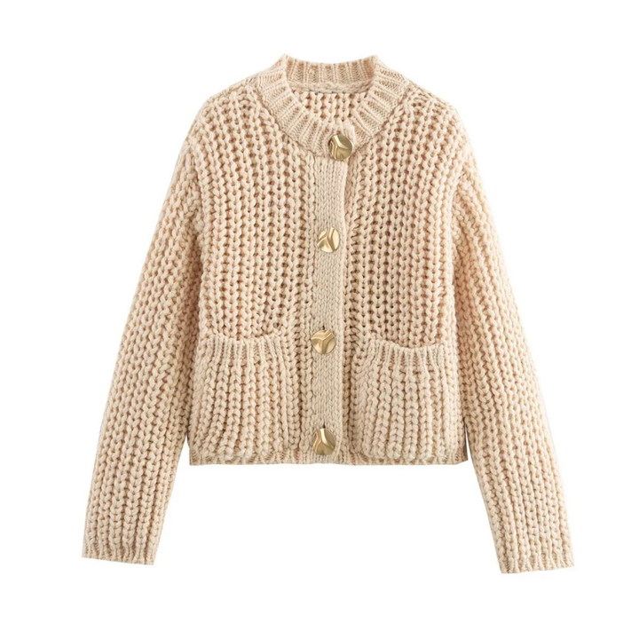 Léane | Gilet en maille torsadée à gros boutons dorés