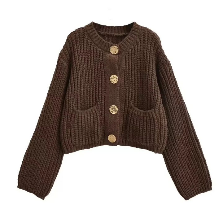 Léane | Gilet en maille torsadée à gros boutons dorés