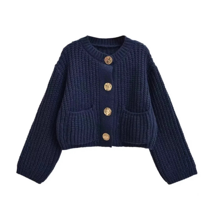 Léane | Gilet en maille torsadée à gros boutons dorés
