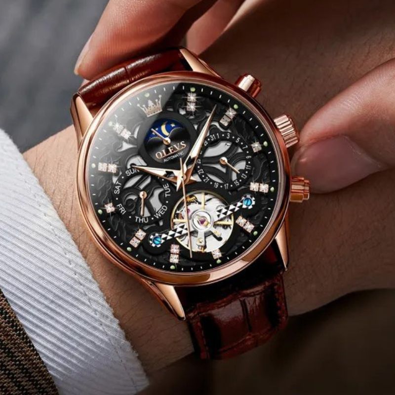 Van Baerle® - Montre mécanique automatique avec bracelet en cuir
