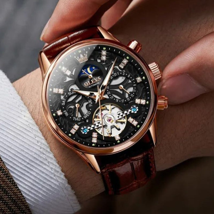 Van Baerle® - Montre mécanique automatique avec bracelet en cuir