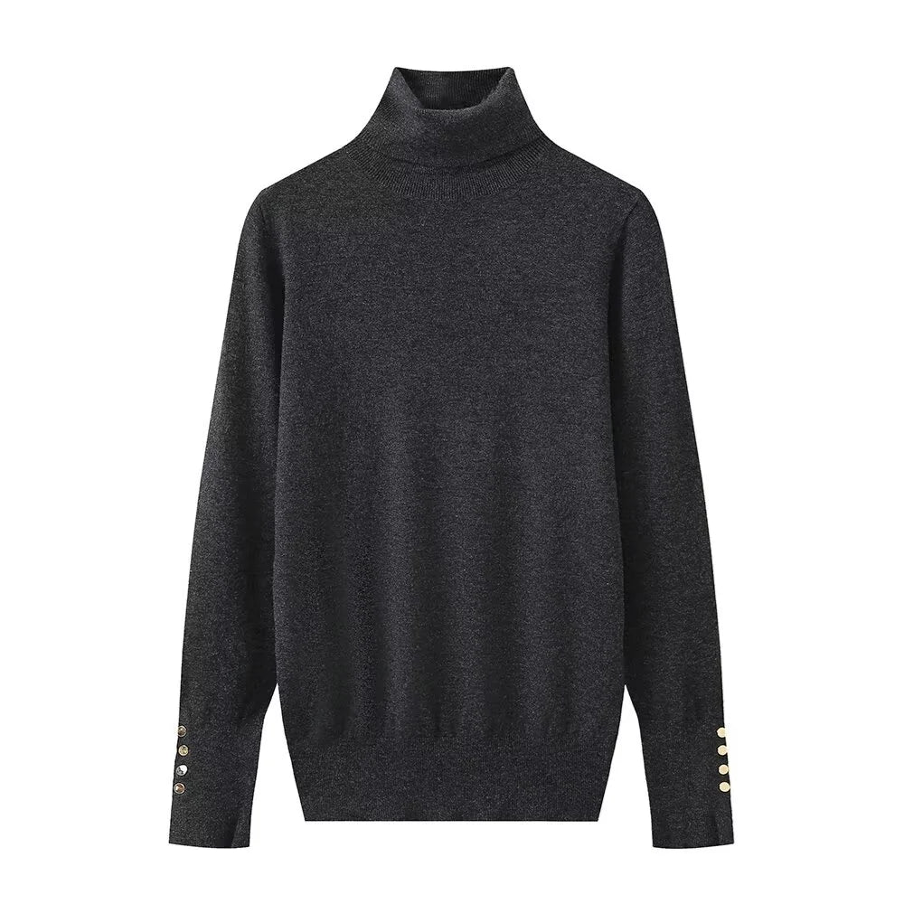 Élise | Pull col roulé fin avec boutons dorés