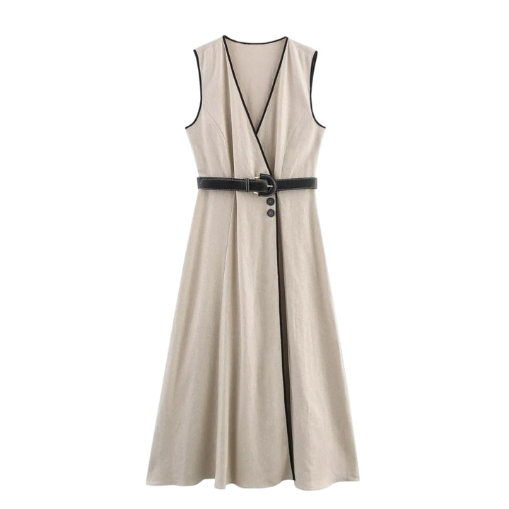 Camille | Robe sans manches ceinturée à contraste noir