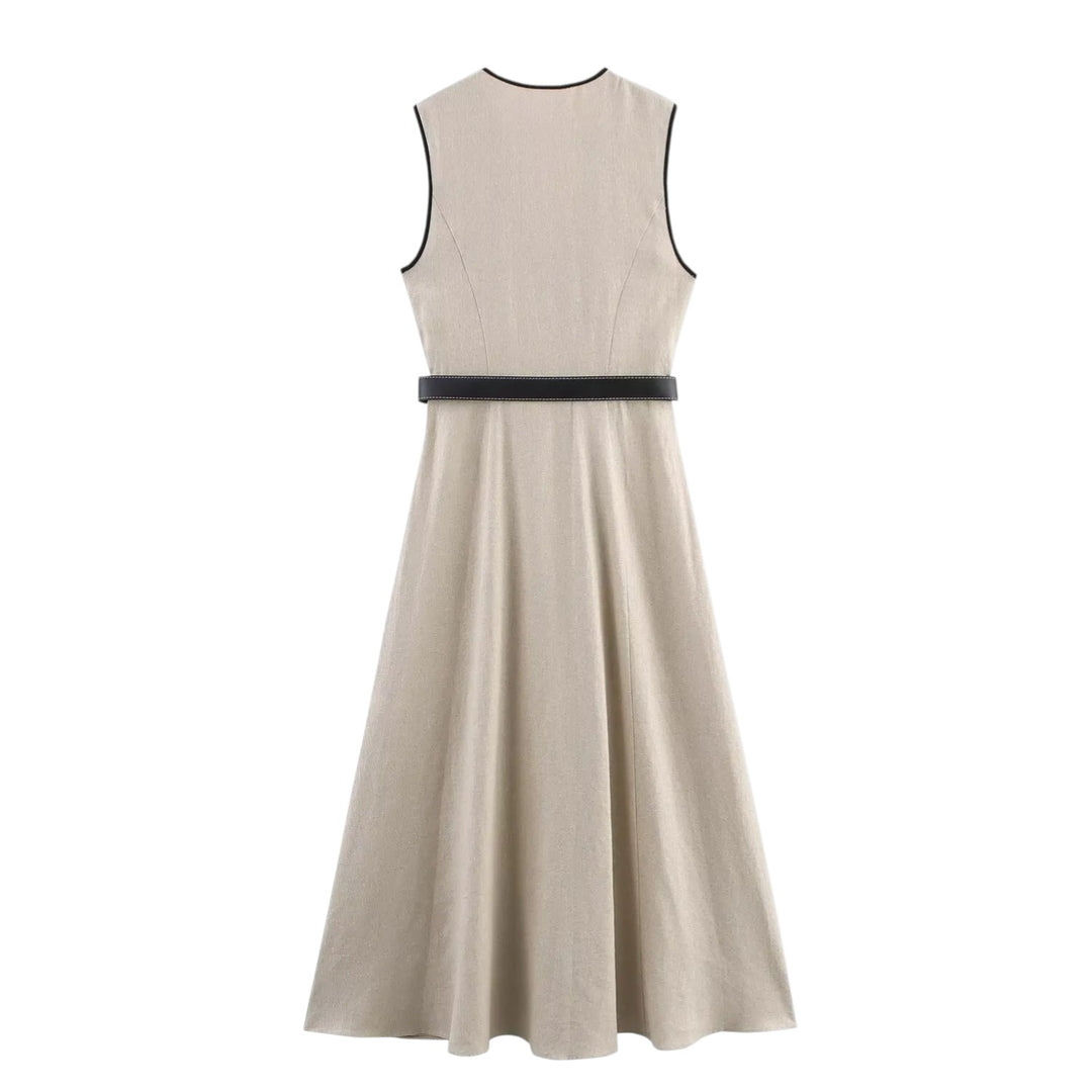 Camille | Robe sans manches ceinturée à contraste noir