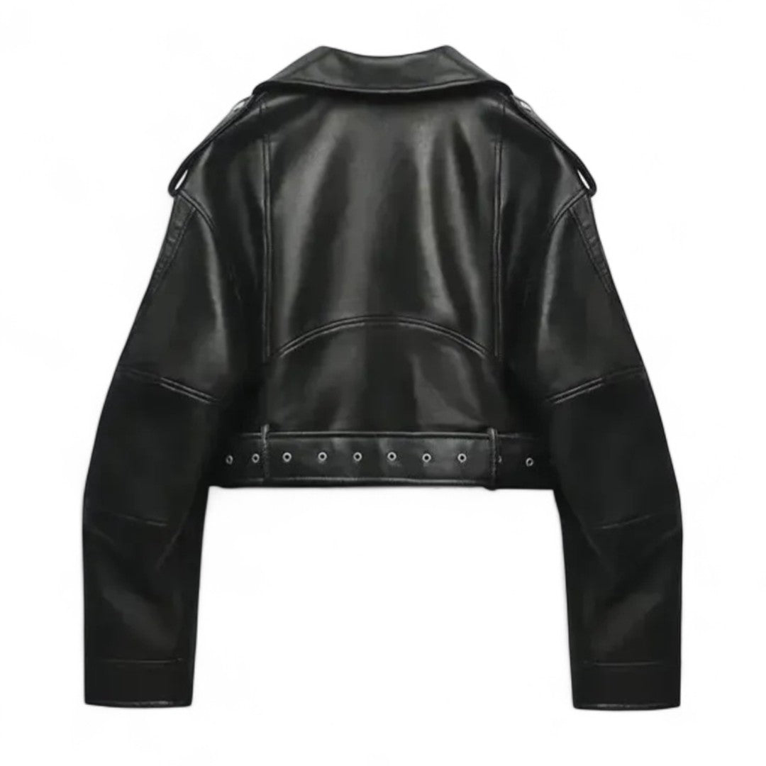 Manon | Veste motard courte en similicuir ceinturée