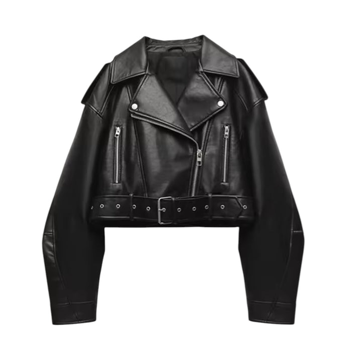 Manon | Veste motard courte en similicuir ceinturée