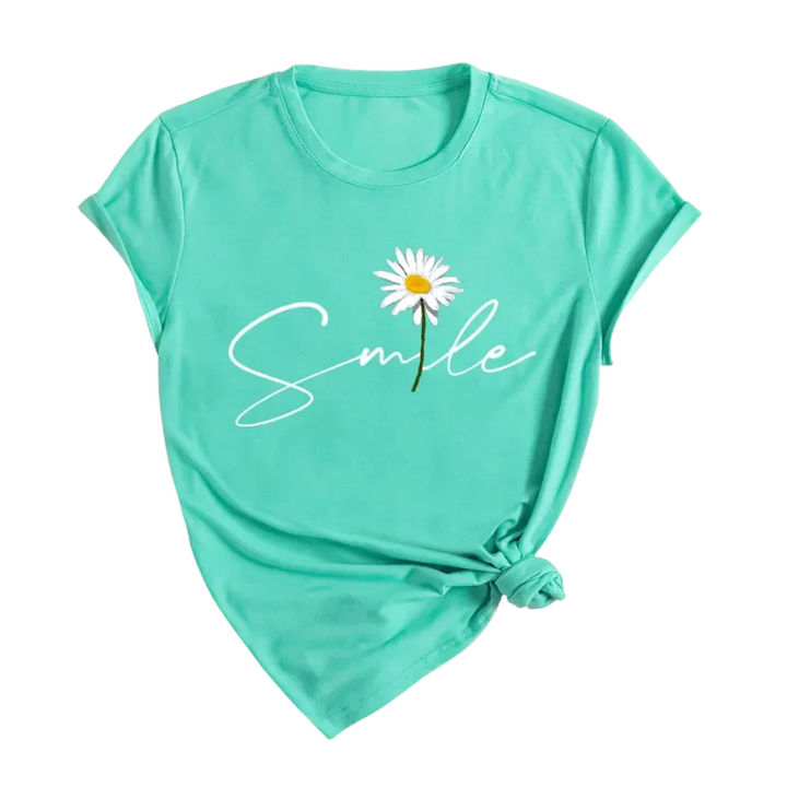 Ella | T-shirt graphique avec marguerite et script sourire