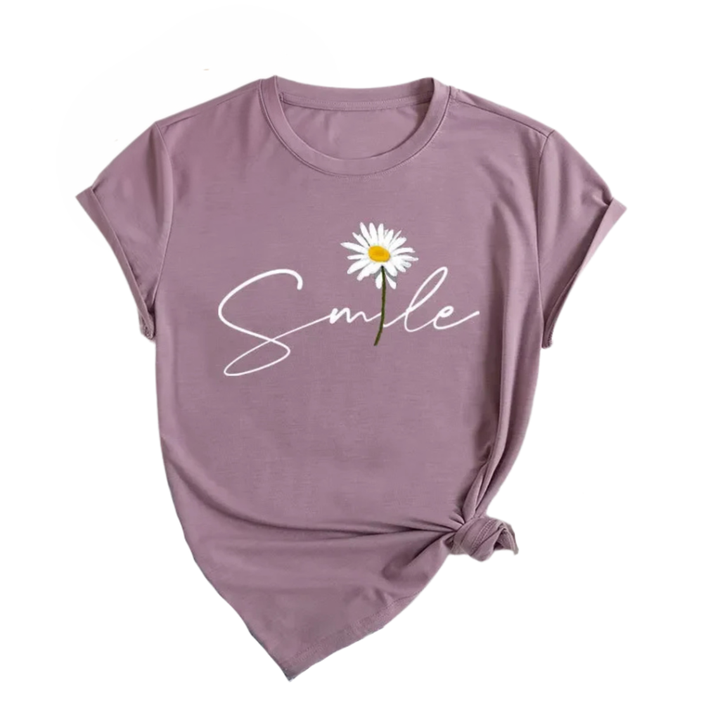 Ella | T-shirt graphique avec marguerite et script sourire