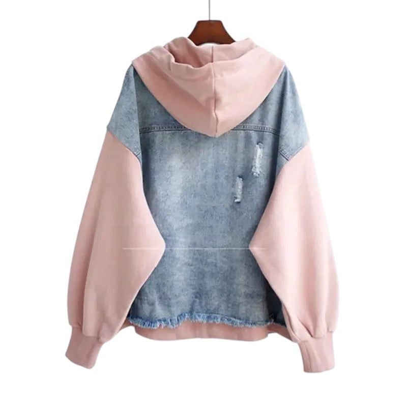 Solène | Veste à capuche bicolore en jean et molleton