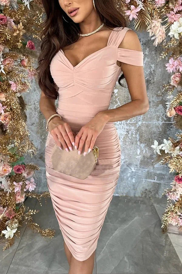 Alliana Cold Shoulder Ruched Pencil Midi Dress