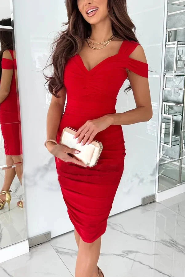 Alliana Cold Shoulder Ruched Pencil Midi Dress